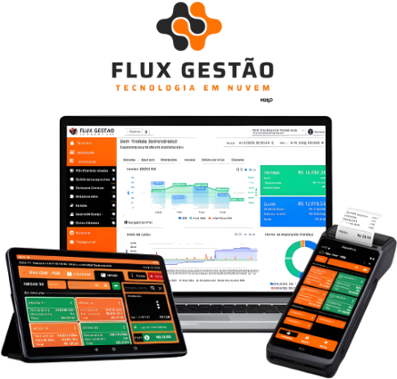 Flux Gestão em notebook, tablet e SmartPOS